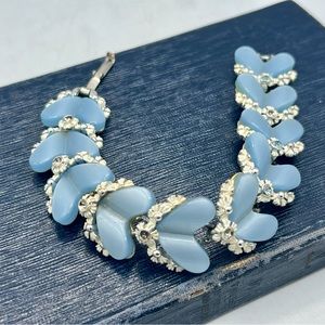 Vintage BSK pale blue chunky bracelet as-is floral rhinestones
